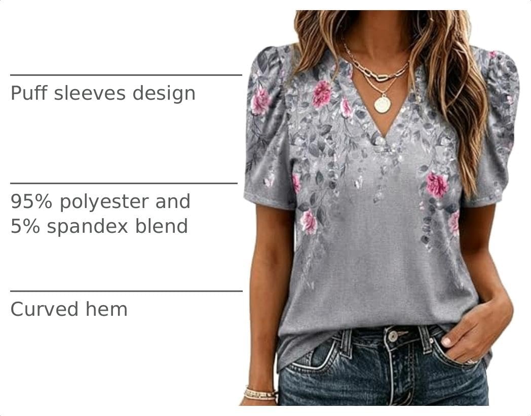 image:imageZeagoo Women Blouses Puff Short Sleeve Tops V Neck Dressy Casual Spring Shirts Boho Floral Cute Clothes 2026Hf36grey