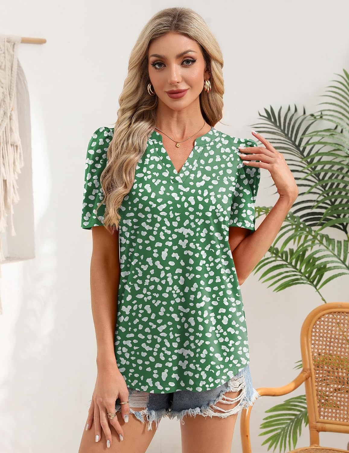 image:imageZeagoo Women Blouses Puff Short Sleeve Tops V Neck Dressy Casual Spring Shirts Boho Floral Cute Clothes 2026Jh560green