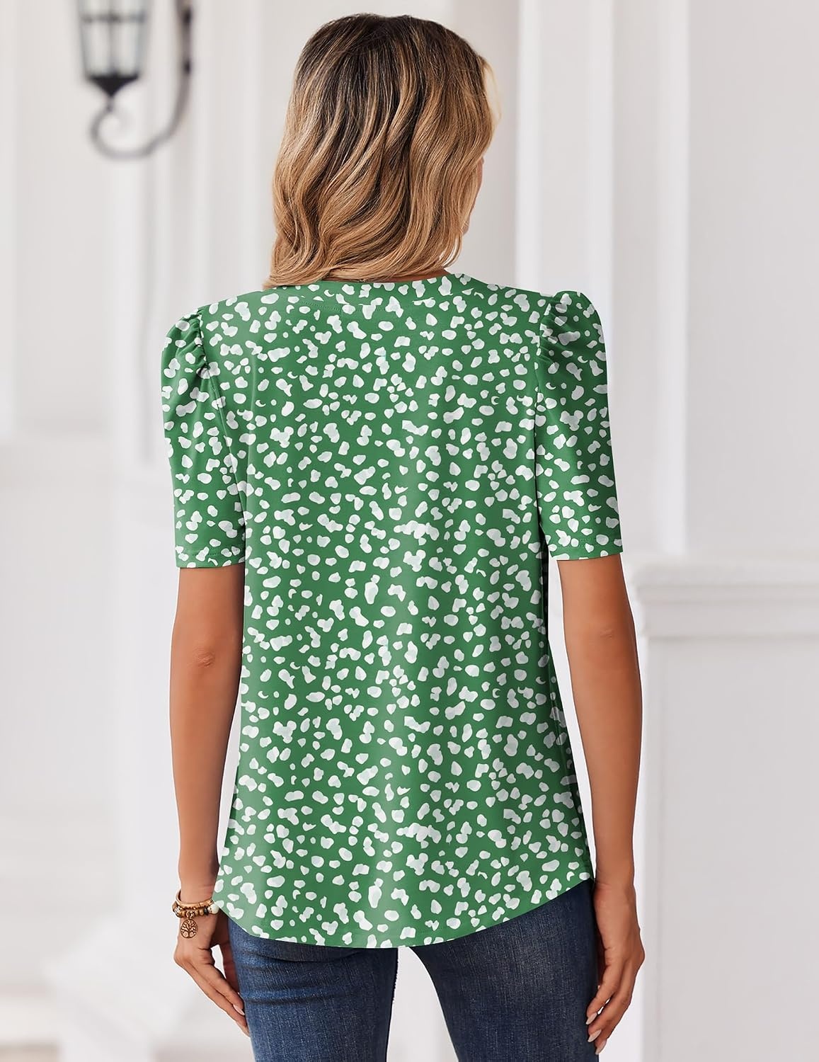 image:imageZeagoo Women Blouses Puff Short Sleeve Tops V Neck Dressy Casual Spring Shirts Boho Floral Cute Clothes 2026Jh560green