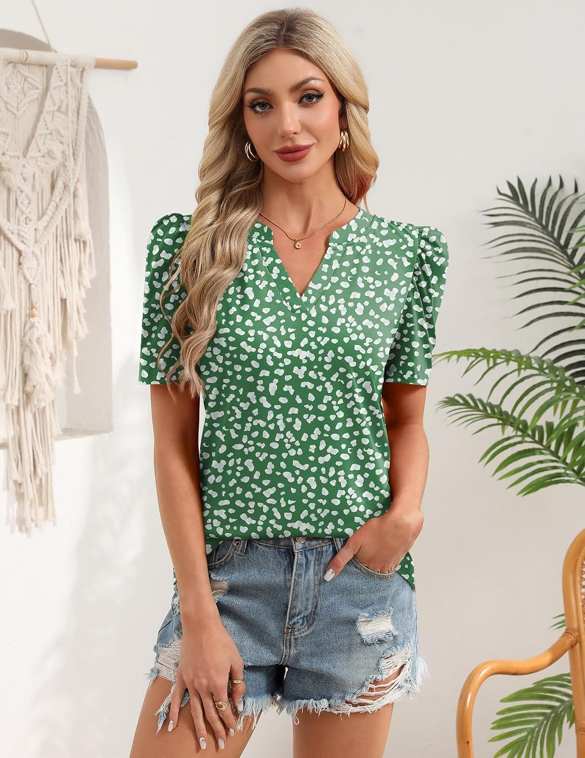 image:imageZeagoo Women Blouses Puff Short Sleeve Tops V Neck Dressy Casual Spring Shirts Boho Floral Cute Clothes 2026Jh560green