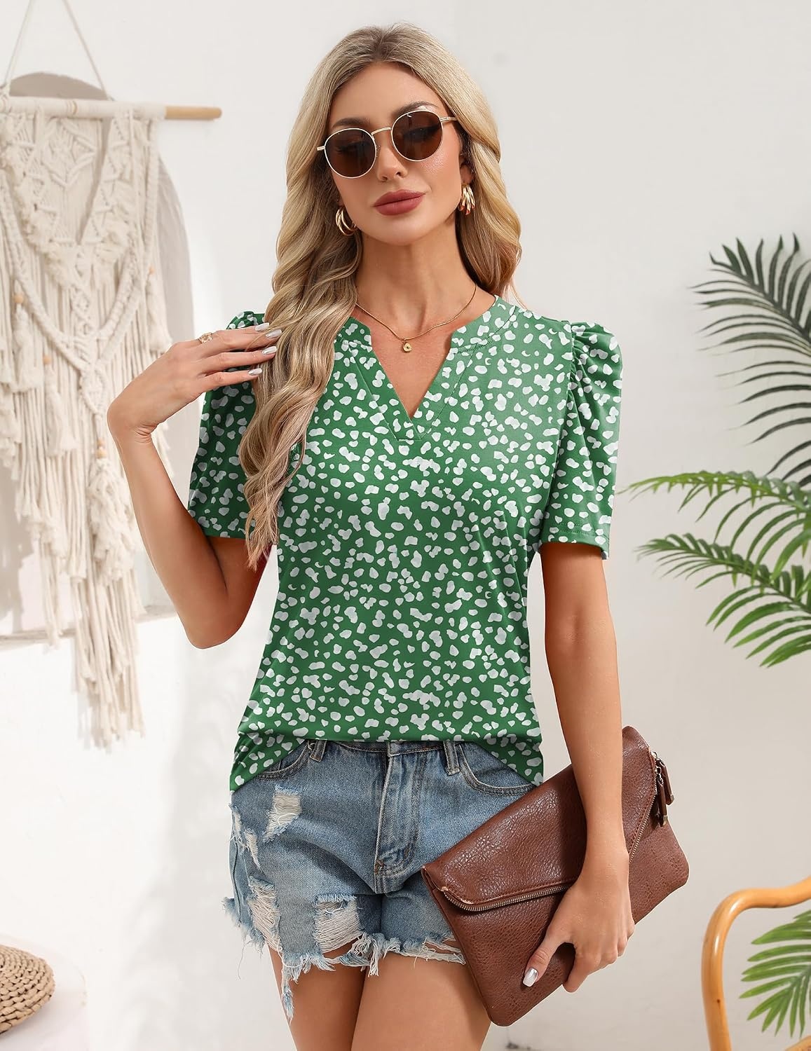 image:imageZeagoo Women Blouses Puff Short Sleeve Tops V Neck Dressy Casual Spring Shirts Boho Floral Cute Clothes 2026Jh560green