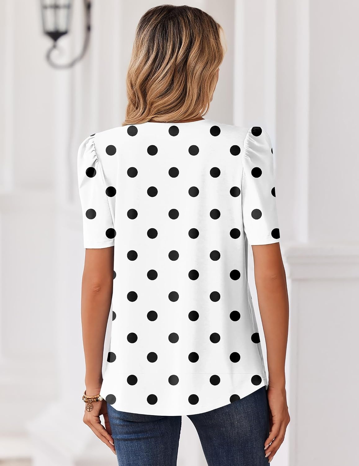 image:imageZeagoo Women Blouses Puff Short Sleeve Tops V Neck Dressy Casual Spring Shirts Boho Floral Cute Clothes 2026Jh592 Polka Dots