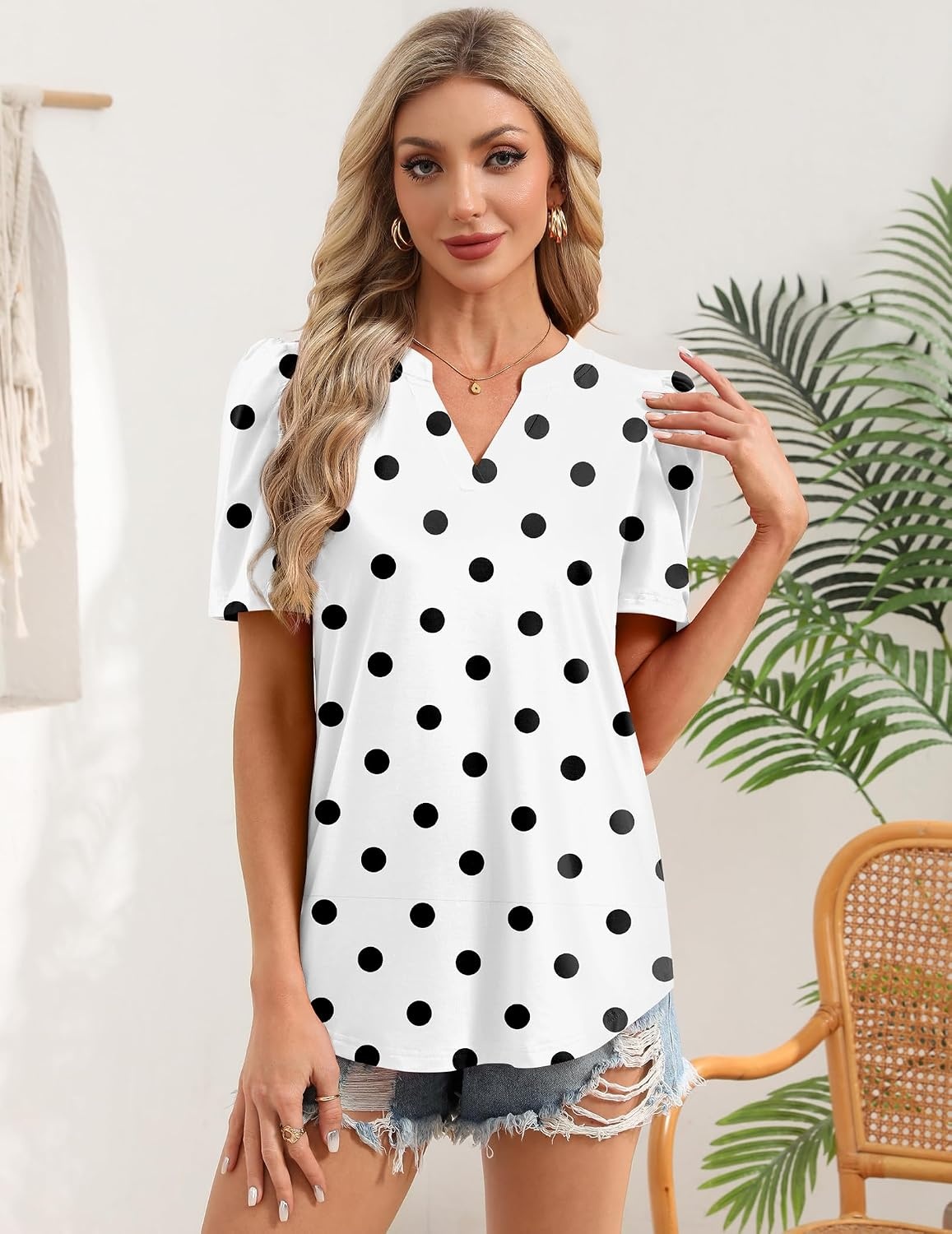 image:imageZeagoo Women Blouses Puff Short Sleeve Tops V Neck Dressy Casual Spring Shirts Boho Floral Cute Clothes 2026Jh592 Polka Dots