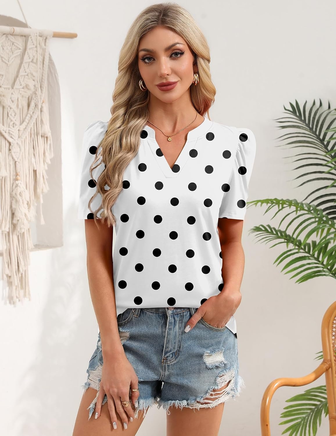 image:imageZeagoo Women Blouses Puff Short Sleeve Tops V Neck Dressy Casual Spring Shirts Boho Floral Cute Clothes 2026Jh592 Polka Dots
