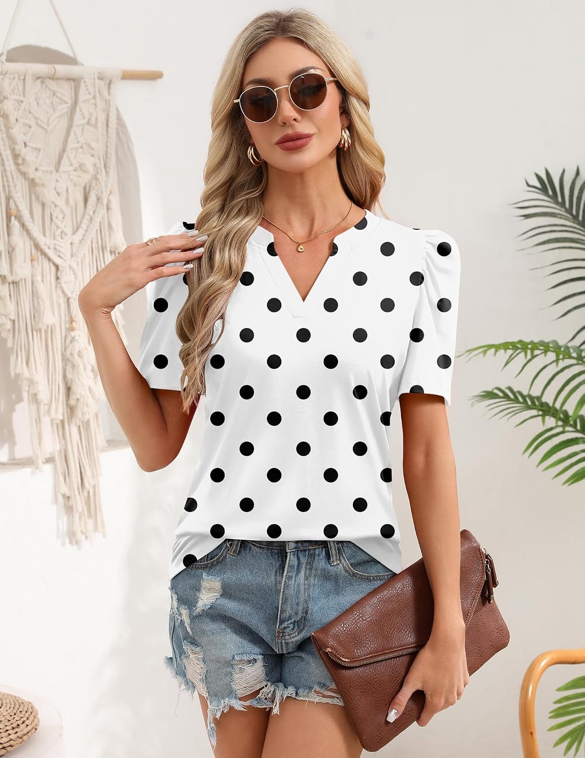 image:imageZeagoo Women Blouses Puff Short Sleeve Tops V Neck Dressy Casual Spring Shirts Boho Floral Cute Clothes 2026Jh592 Polka Dots