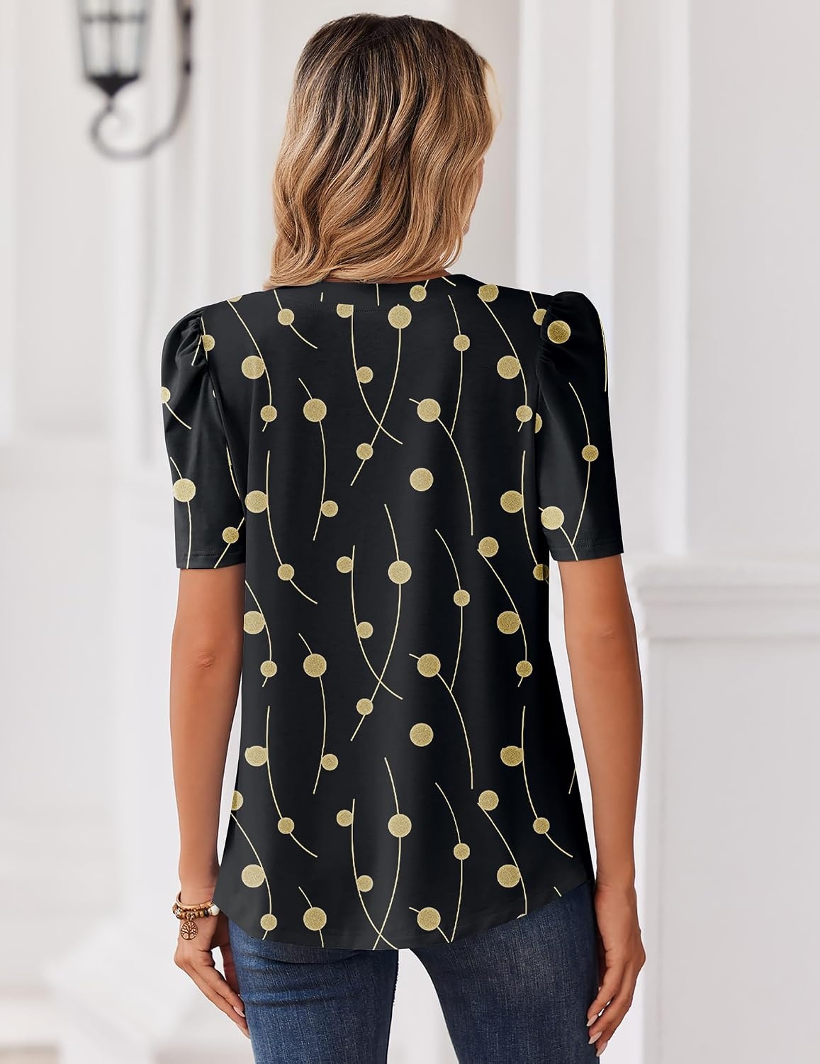 image:imageZeagoo Women Blouses Puff Short Sleeve Tops V Neck Dressy Casual Spring Shirts Boho Floral Cute Clothes 2026Jh601black