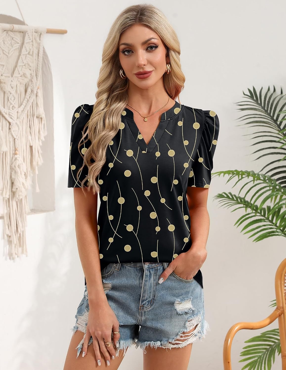 image:imageZeagoo Women Blouses Puff Short Sleeve Tops V Neck Dressy Casual Spring Shirts Boho Floral Cute Clothes 2026Jh601black