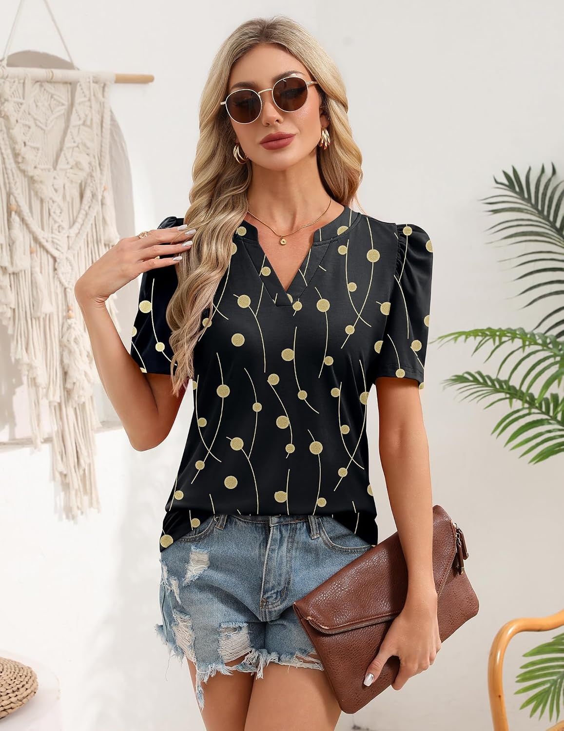 image:imageZeagoo Women Blouses Puff Short Sleeve Tops V Neck Dressy Casual Spring Shirts Boho Floral Cute Clothes 2026Jh601black