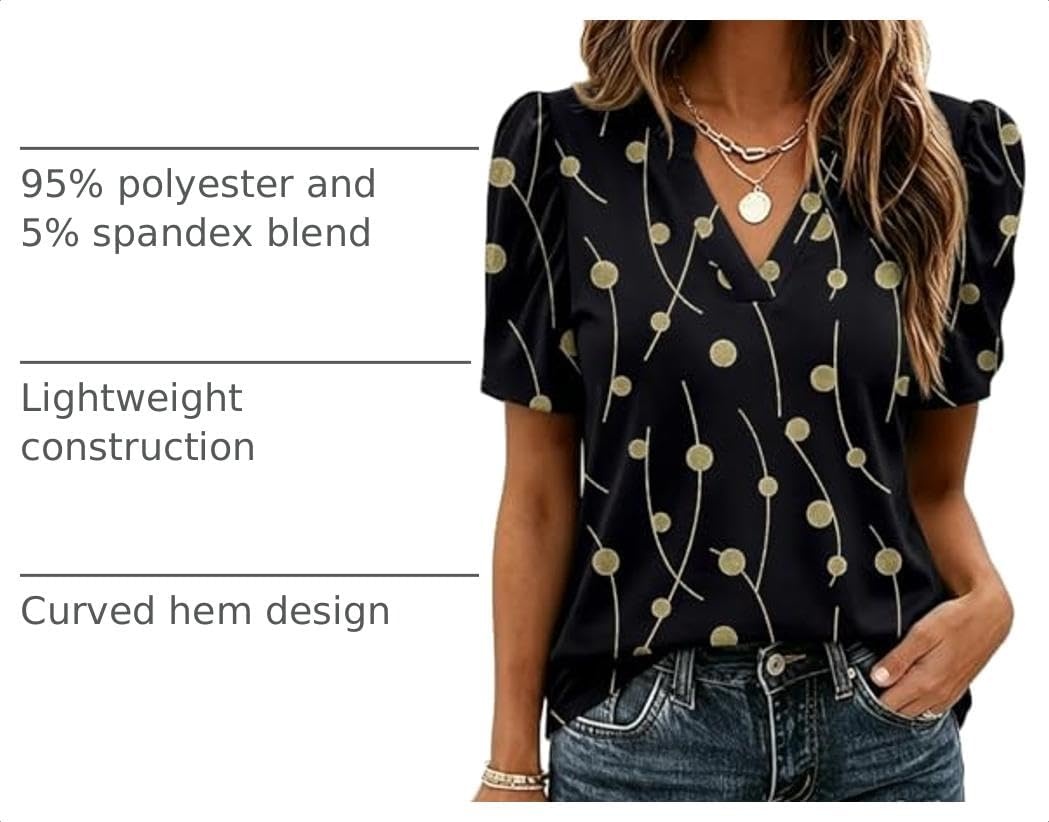image:imageZeagoo Women Blouses Puff Short Sleeve Tops V Neck Dressy Casual Spring Shirts Boho Floral Cute Clothes 2026Jh601black