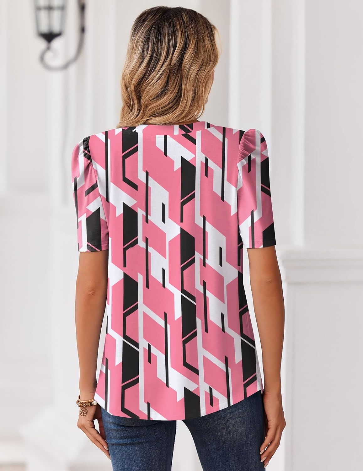 image:imageZeagoo Women Blouses Puff Short Sleeve Tops V Neck Dressy Casual Spring Shirts Boho Floral Cute Clothes 2026Jh603pink