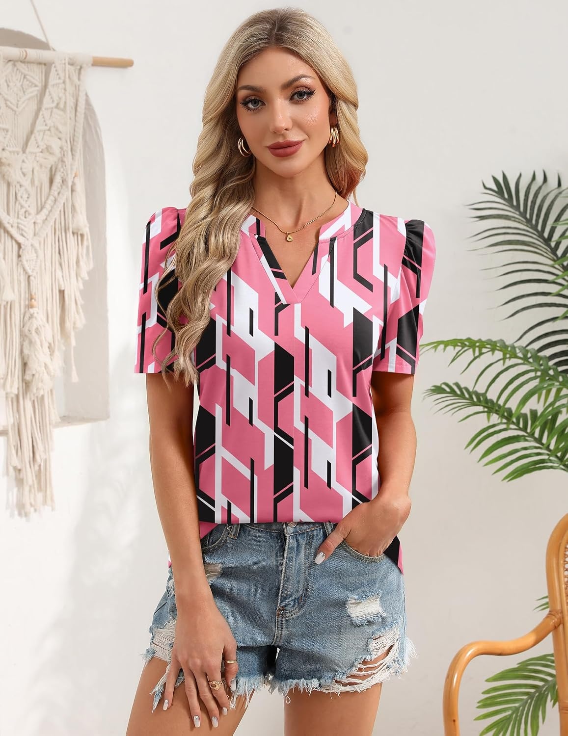 image:imageZeagoo Women Blouses Puff Short Sleeve Tops V Neck Dressy Casual Spring Shirts Boho Floral Cute Clothes 2026Jh603pink