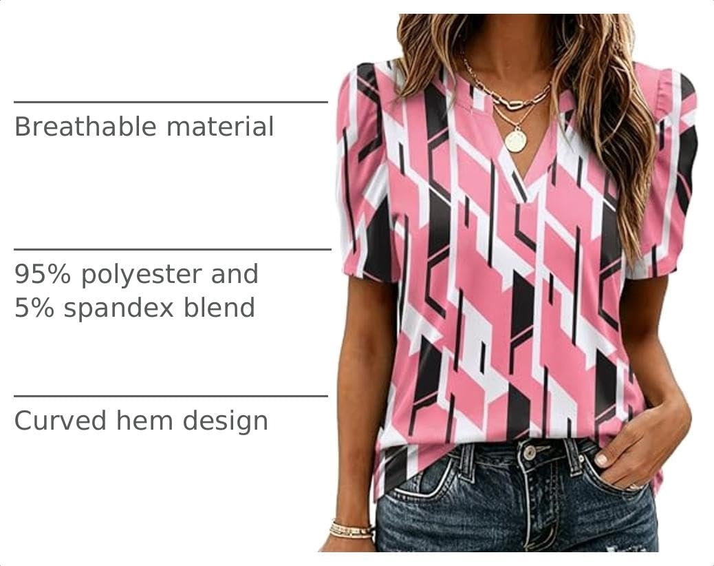 image:imageZeagoo Women Blouses Puff Short Sleeve Tops V Neck Dressy Casual Spring Shirts Boho Floral Cute Clothes 2026Jh603pink