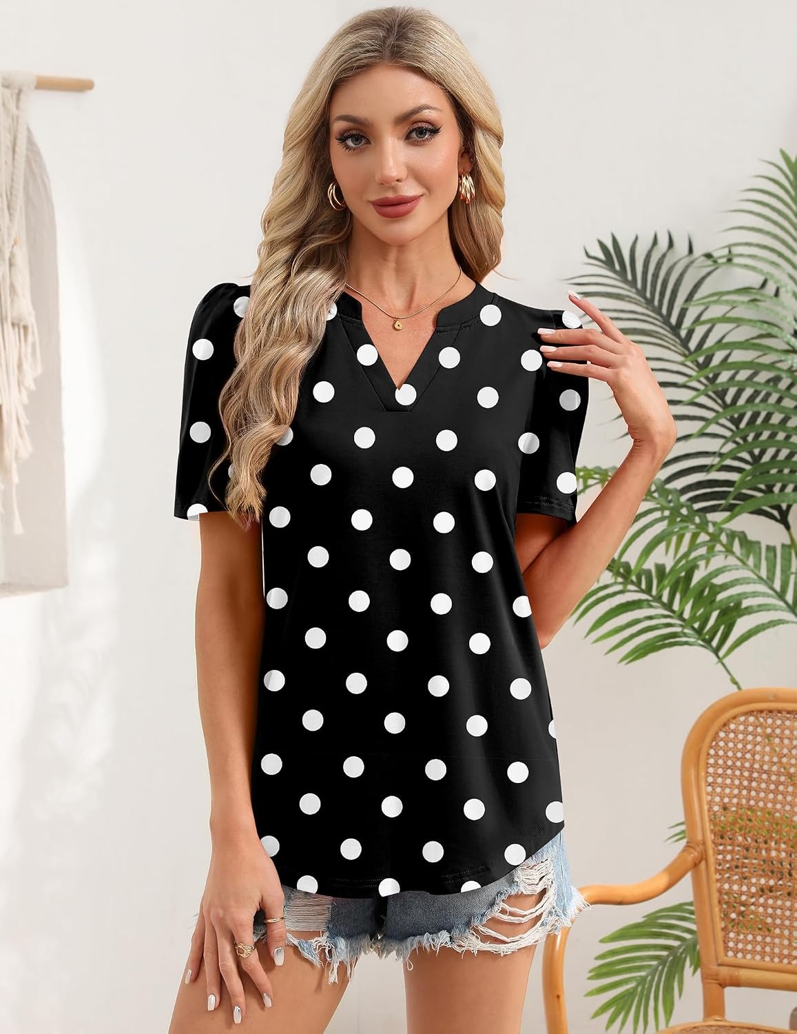 image:imageZeagoo Women Blouses Puff Short Sleeve Tops V Neck Dressy Casual Spring Shirts Boho Floral Cute Clothes 2026Jh696 Polka Dots
