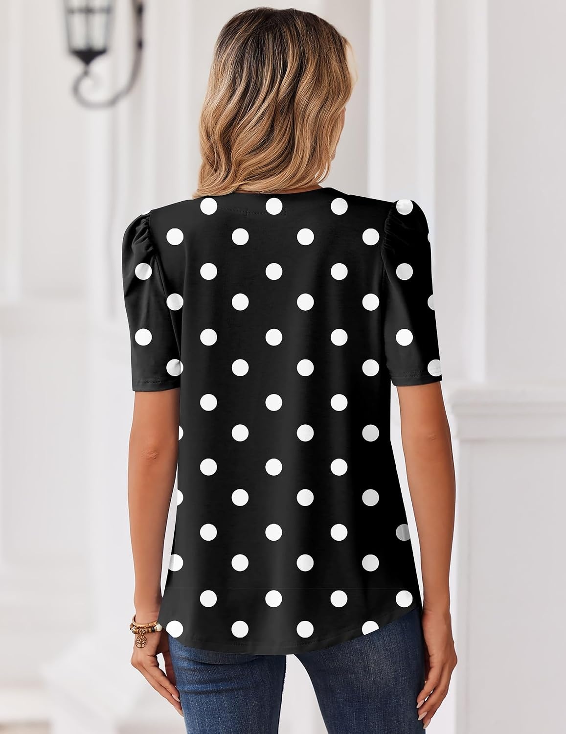 image:imageZeagoo Women Blouses Puff Short Sleeve Tops V Neck Dressy Casual Spring Shirts Boho Floral Cute Clothes 2026Jh696 Polka Dots