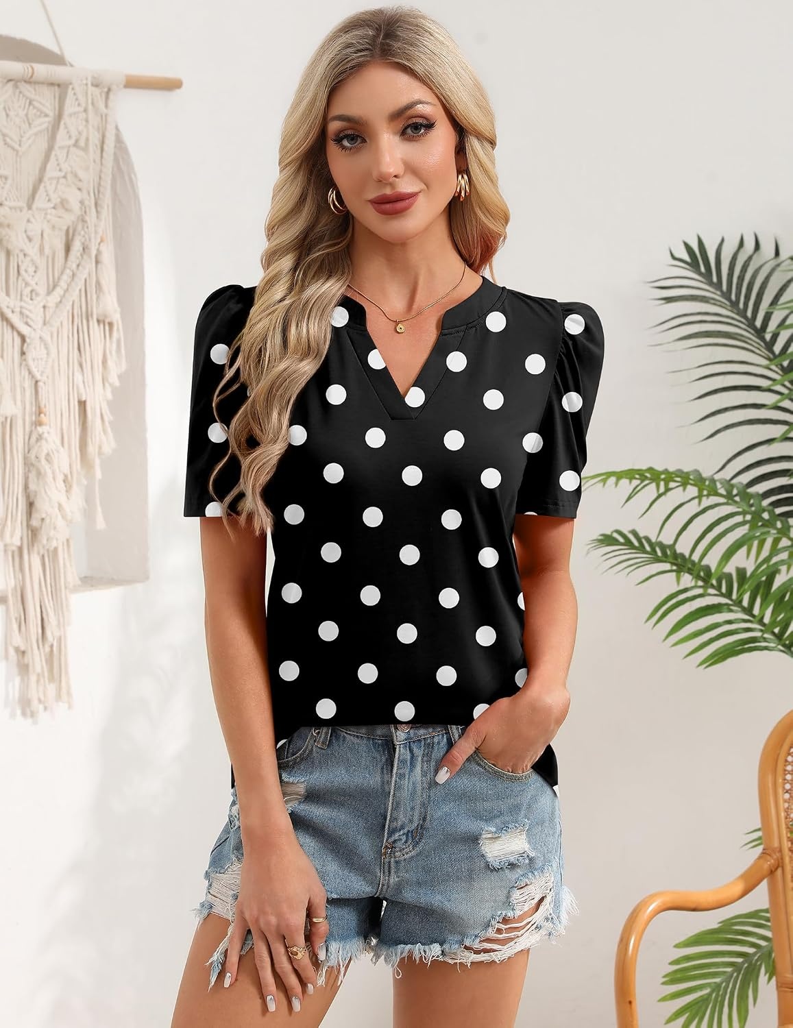 image:imageZeagoo Women Blouses Puff Short Sleeve Tops V Neck Dressy Casual Spring Shirts Boho Floral Cute Clothes 2026Jh696 Polka Dots