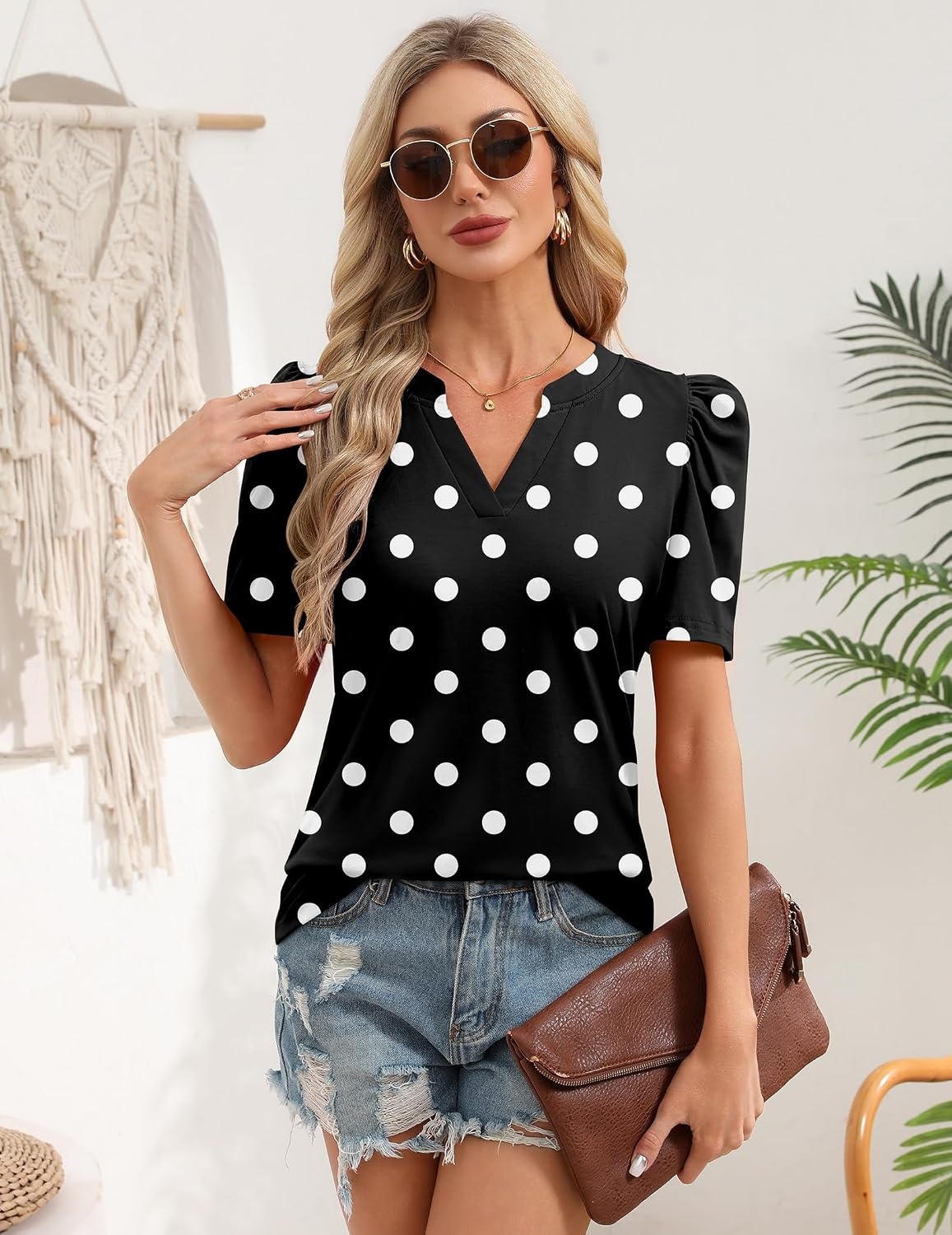 image:imageZeagoo Women Blouses Puff Short Sleeve Tops V Neck Dressy Casual Spring Shirts Boho Floral Cute Clothes 2026Jh696 Polka Dots