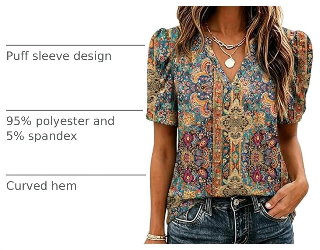image:imageZeagoo Women Blouses Puff Short Sleeve Tops V Neck Dressy Casual Spring Shirts Boho Floral Cute Clothes 2026Mz721multicolored