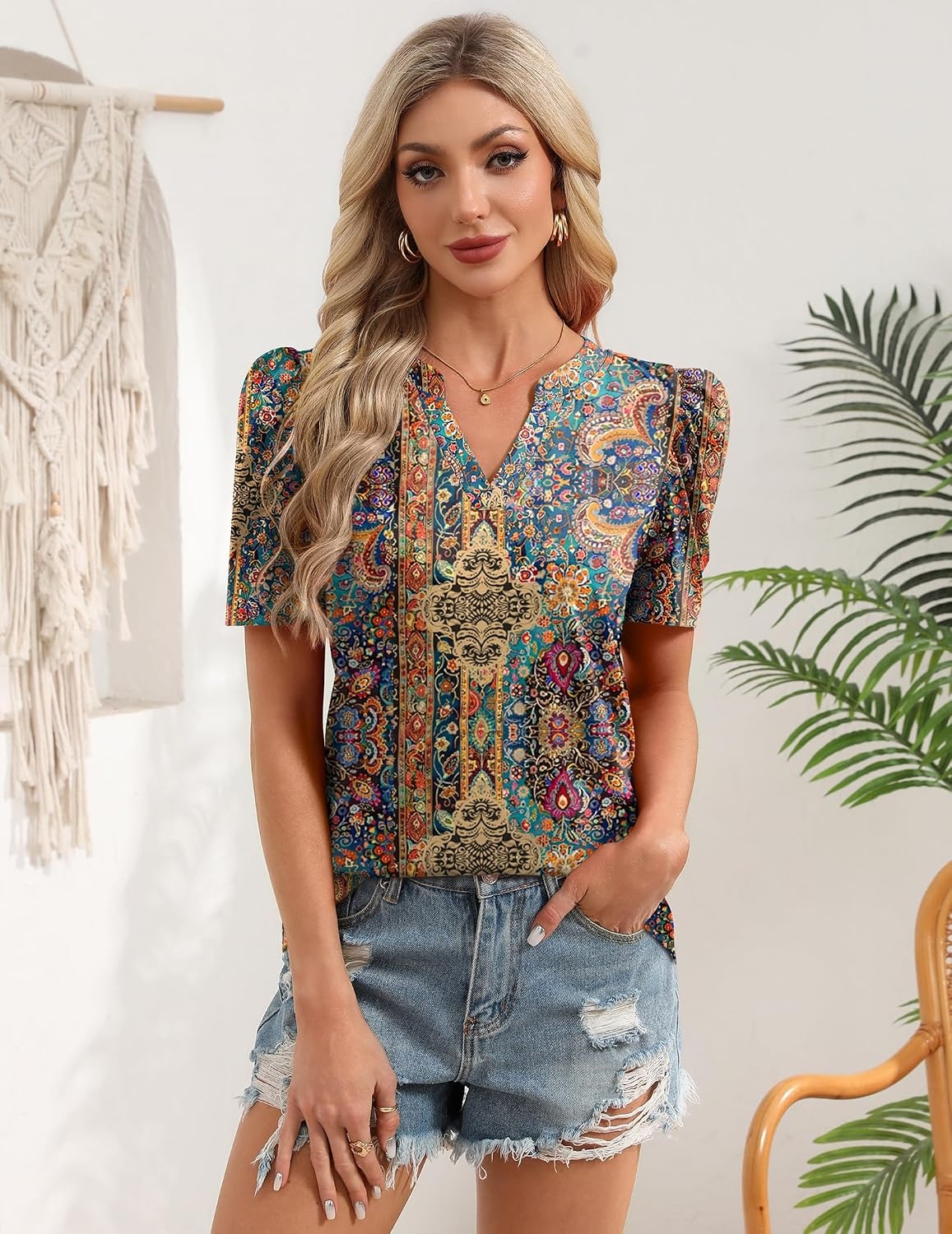 image:imageZeagoo Women Blouses Puff Short Sleeve Tops V Neck Dressy Casual Spring Shirts Boho Floral Cute Clothes 2026Mz721multicolored