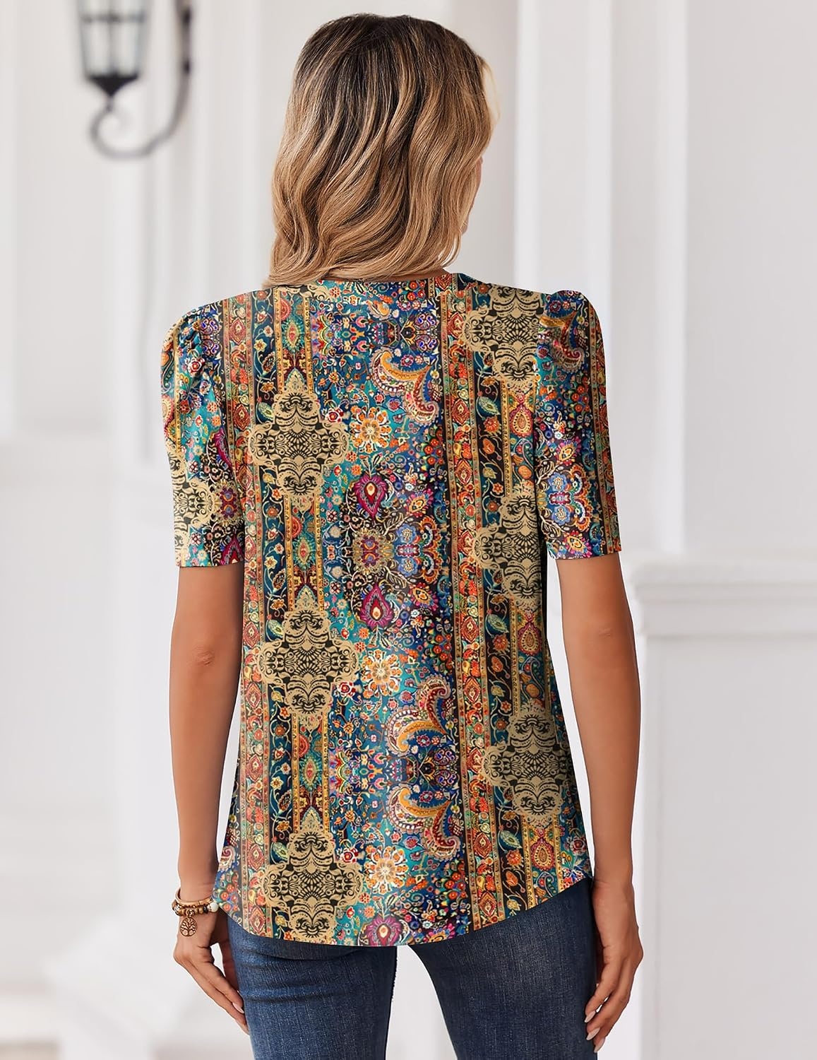image:imageZeagoo Women Blouses Puff Short Sleeve Tops V Neck Dressy Casual Spring Shirts Boho Floral Cute Clothes 2026Mz721multicolored