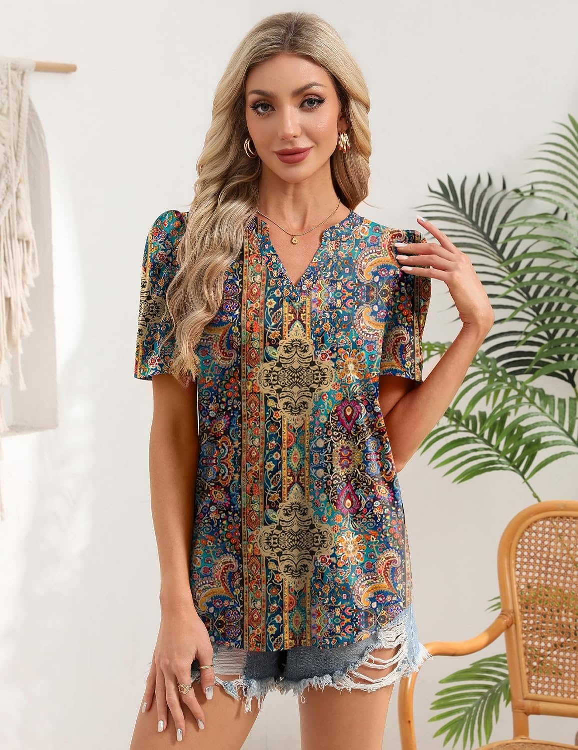 image:imageZeagoo Women Blouses Puff Short Sleeve Tops V Neck Dressy Casual Spring Shirts Boho Floral Cute Clothes 2026Mz721multicolored