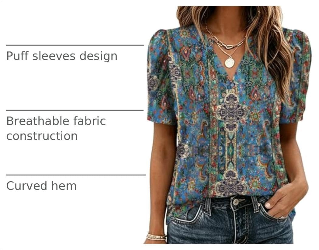 image:imageZeagoo Women Blouses Puff Short Sleeve Tops V Neck Dressy Casual Spring Shirts Boho Floral Cute Clothes 2026Mz779multicolored