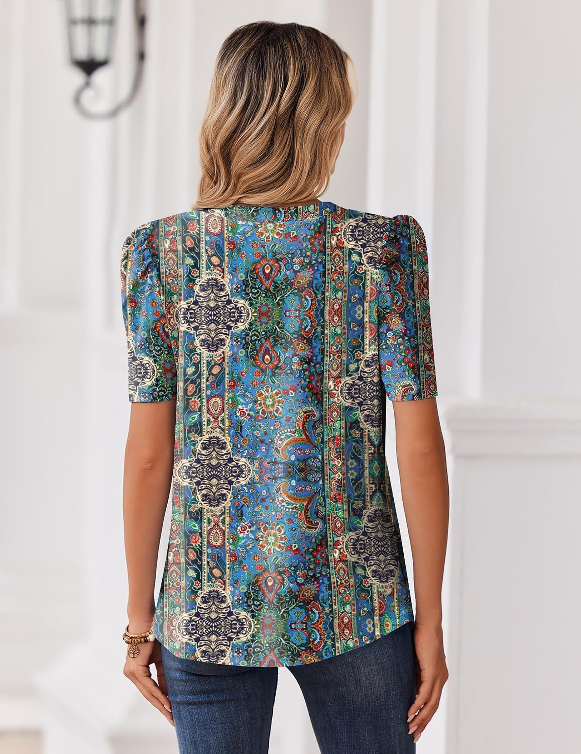 image:imageZeagoo Women Blouses Puff Short Sleeve Tops V Neck Dressy Casual Spring Shirts Boho Floral Cute Clothes 2026Mz779multicolored