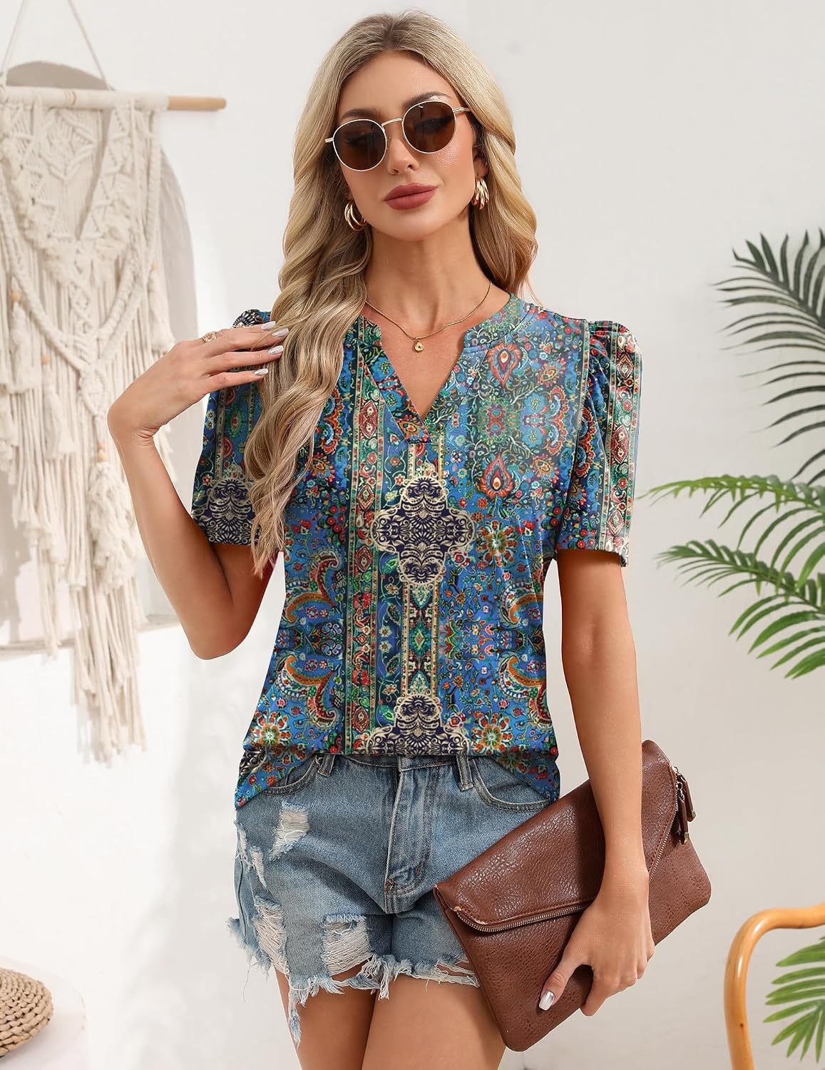 image:imageZeagoo Women Blouses Puff Short Sleeve Tops V Neck Dressy Casual Spring Shirts Boho Floral Cute Clothes 2026Mz779multicolored