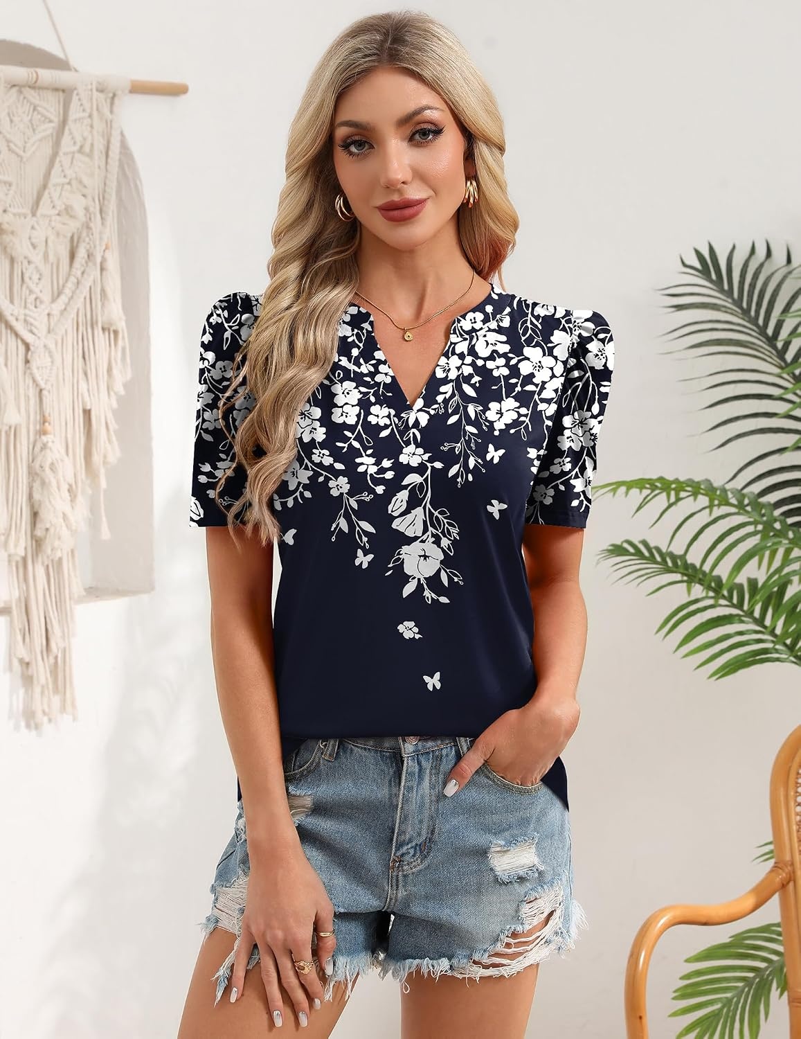 image:imageZeagoo Women Blouses Puff Short Sleeve Tops V Neck Dressy Casual Spring Shirts Boho Floral Cute Clothes 2026Sf103navy