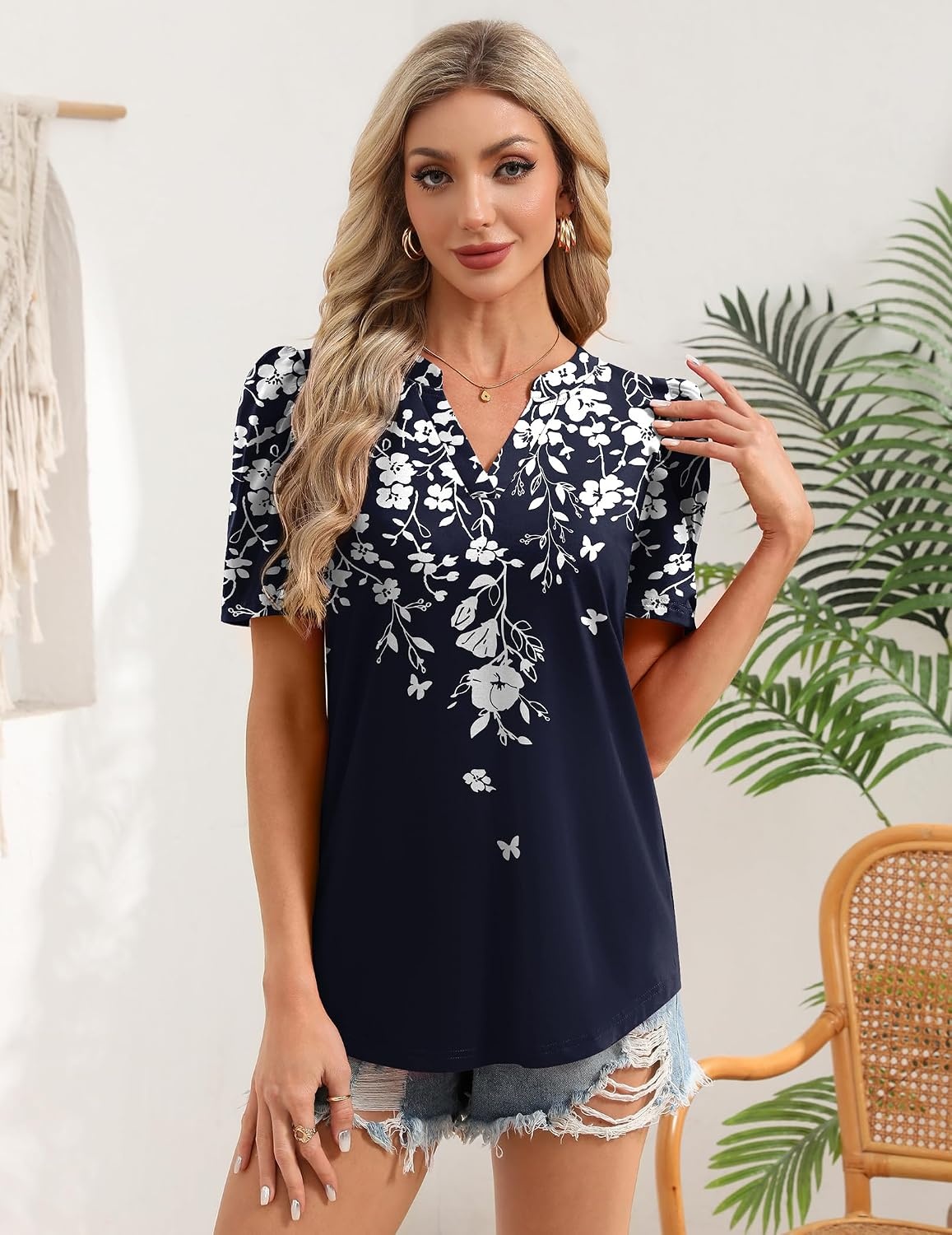 image:imageZeagoo Women Blouses Puff Short Sleeve Tops V Neck Dressy Casual Spring Shirts Boho Floral Cute Clothes 2026Sf103navy