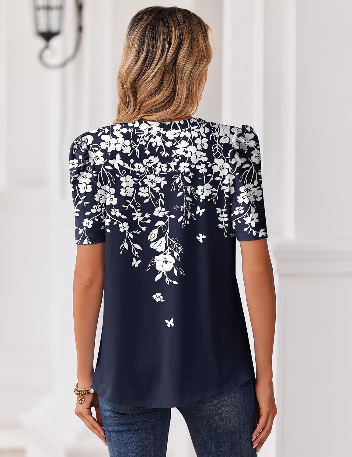 image:imageZeagoo Women Blouses Puff Short Sleeve Tops V Neck Dressy Casual Spring Shirts Boho Floral Cute Clothes 2026Sf103navy
