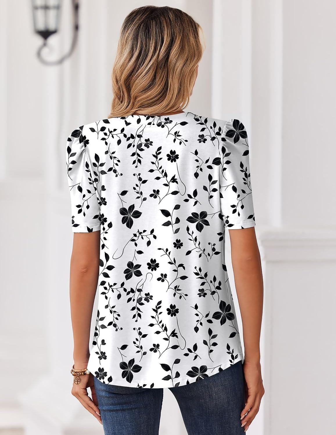 image:imageZeagoo Women Blouses Puff Short Sleeve Tops V Neck Dressy Casual Spring Shirts Boho Floral Cute Clothes 2026Sf291white