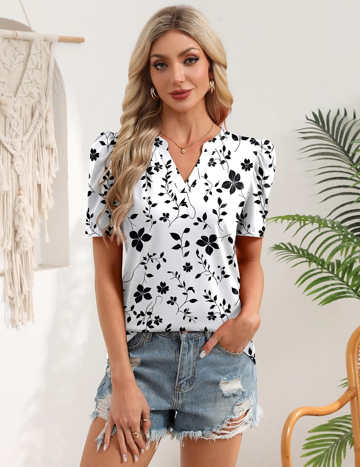 image:imageZeagoo Women Blouses Puff Short Sleeve Tops V Neck Dressy Casual Spring Shirts Boho Floral Cute Clothes 2026Sf291white