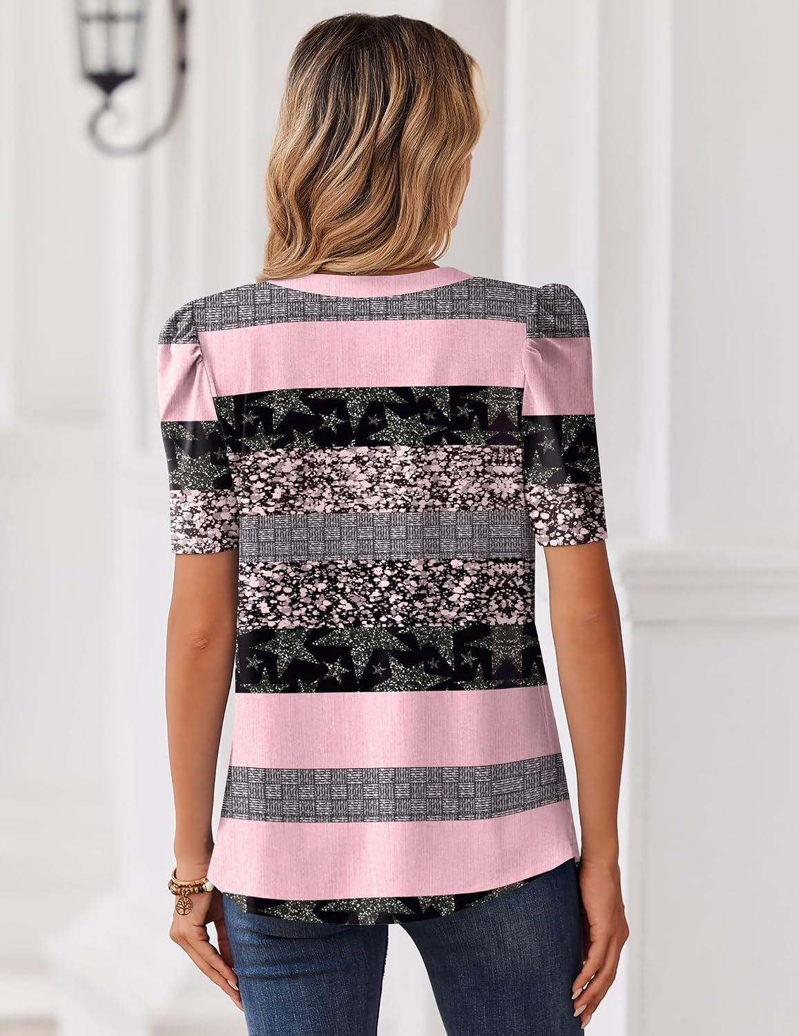 image:imageZeagoo Women Blouses Puff Short Sleeve Tops V Neck Dressy Casual Spring Shirts Boho Floral Cute Clothes 2026Tz245stripe