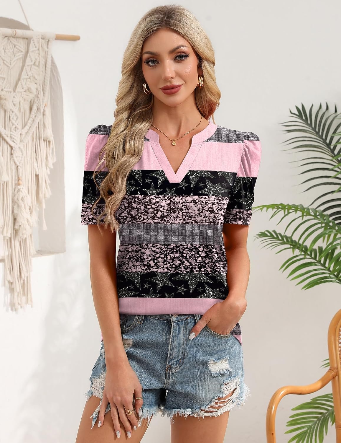 image:imageZeagoo Women Blouses Puff Short Sleeve Tops V Neck Dressy Casual Spring Shirts Boho Floral Cute Clothes 2026Tz245stripe