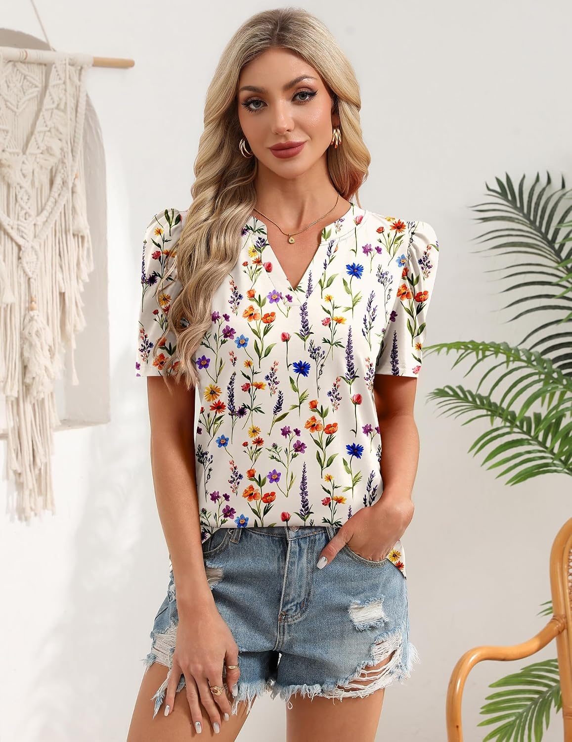 image:imageZeagoo Women Blouses Puff Short Sleeve Tops V Neck Dressy Casual Spring Shirts Boho Floral Cute Clothes 2026Wf109apricot