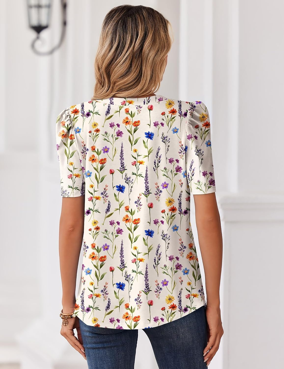 image:imageZeagoo Women Blouses Puff Short Sleeve Tops V Neck Dressy Casual Spring Shirts Boho Floral Cute Clothes 2026Wf109apricot