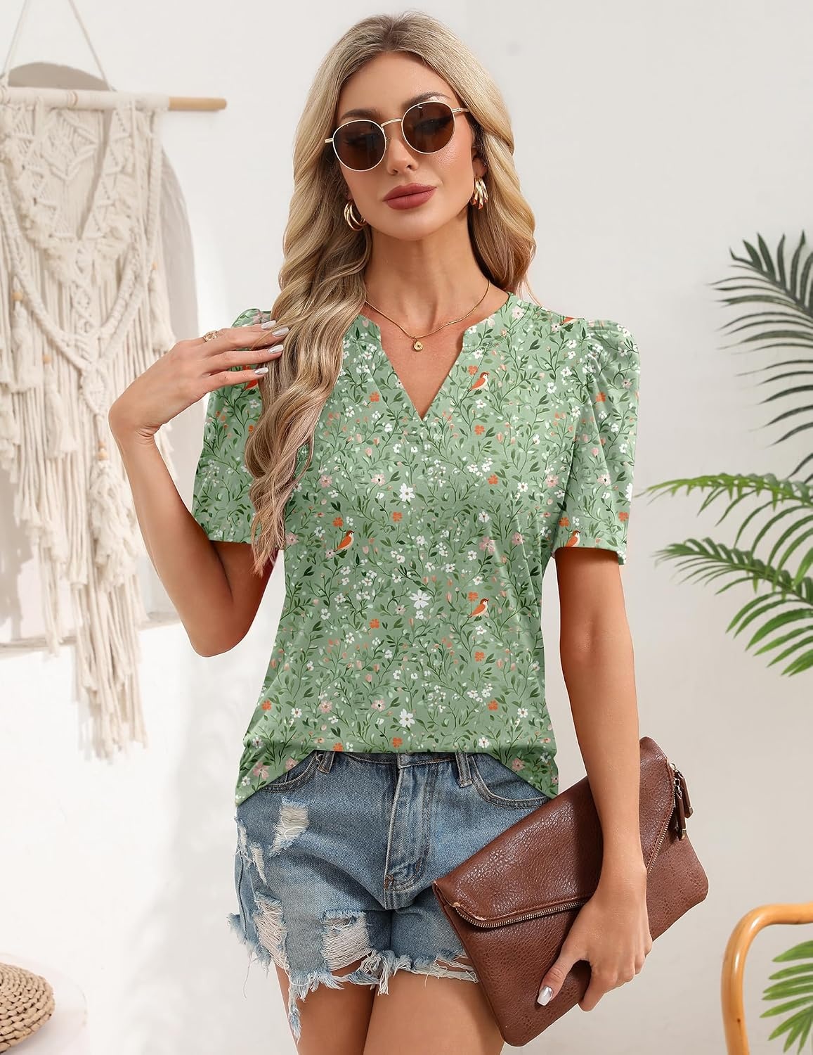 image:imageZeagoo Women Blouses Puff Short Sleeve Tops V Neck Dressy Casual Spring Shirts Boho Floral Cute Clothes 2026Xh534 Green Flowers