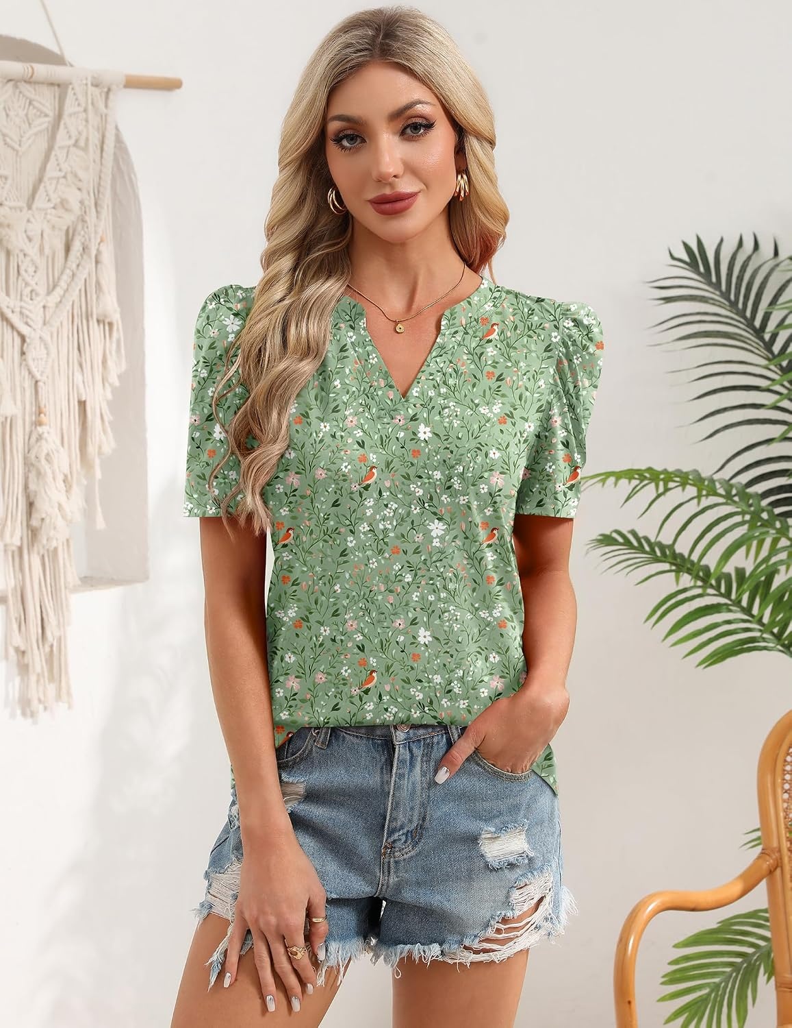 image:imageZeagoo Women Blouses Puff Short Sleeve Tops V Neck Dressy Casual Spring Shirts Boho Floral Cute Clothes 2026Xh534 Green Flowers