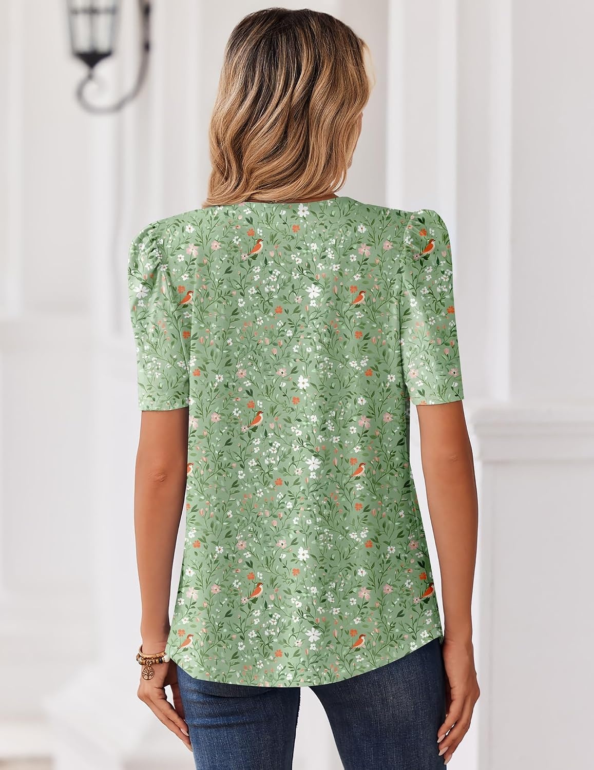 image:imageZeagoo Women Blouses Puff Short Sleeve Tops V Neck Dressy Casual Spring Shirts Boho Floral Cute Clothes 2026Xh534 Green Flowers