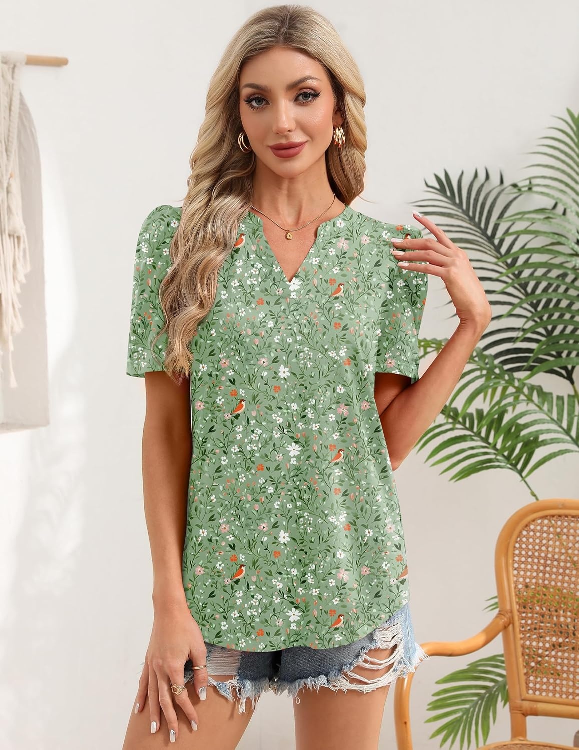 image:imageZeagoo Women Blouses Puff Short Sleeve Tops V Neck Dressy Casual Spring Shirts Boho Floral Cute Clothes 2026Xh534 Green Flowers