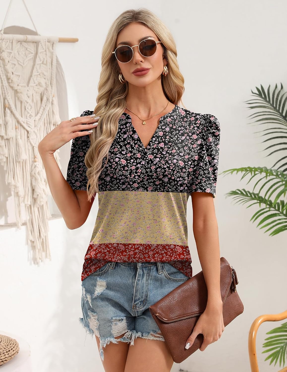 image:imageZeagoo Women Blouses Puff Short Sleeve Tops V Neck Dressy Casual Spring Shirts Boho Floral Cute Clothes 2026Xh553flowers