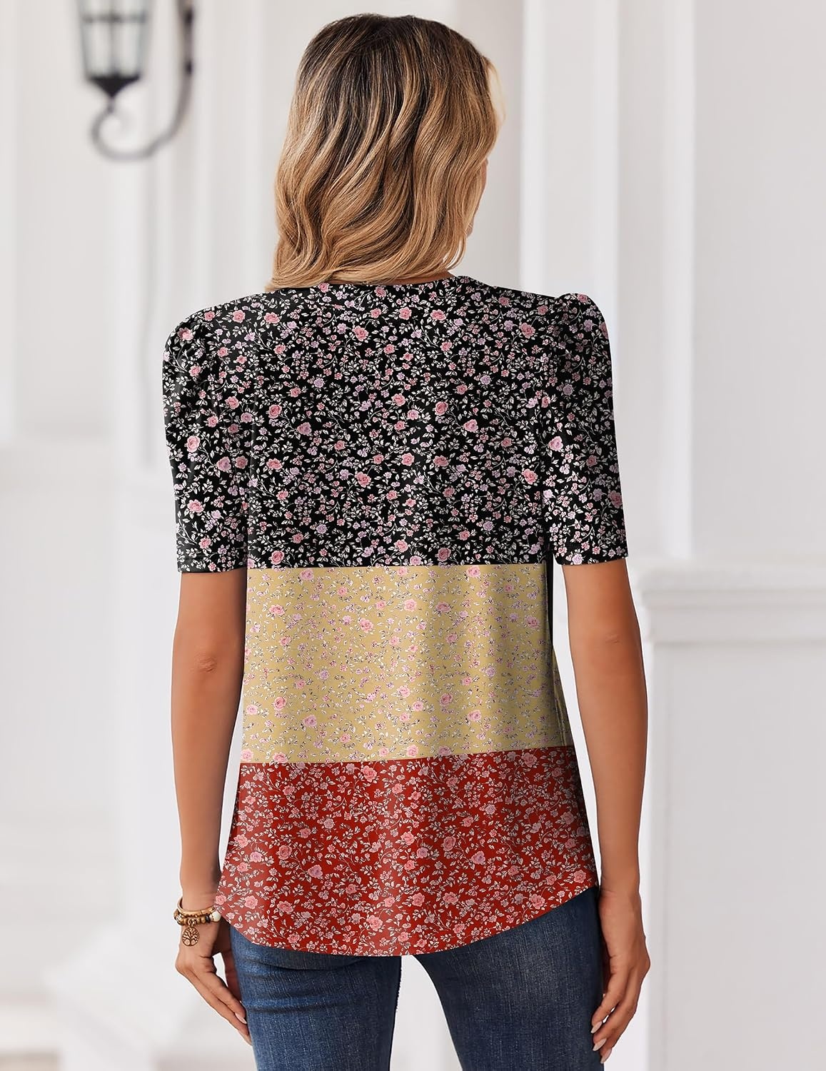 image:imageZeagoo Women Blouses Puff Short Sleeve Tops V Neck Dressy Casual Spring Shirts Boho Floral Cute Clothes 2026Xh553flowers