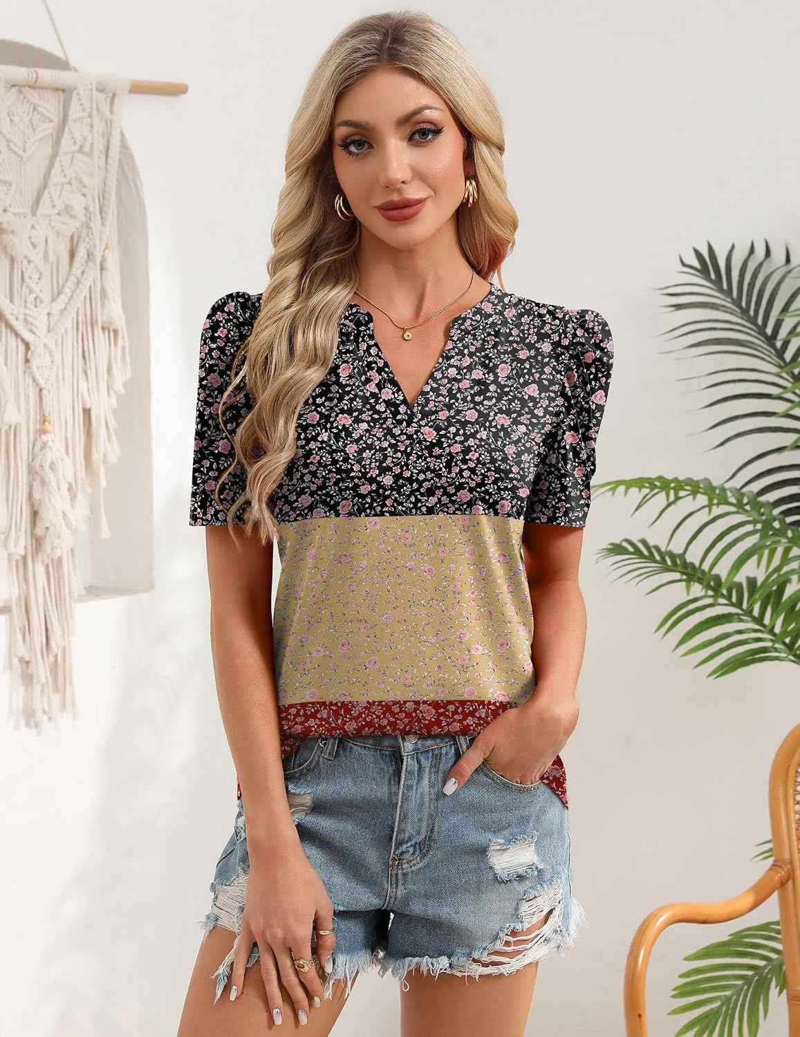 image:imageZeagoo Women Blouses Puff Short Sleeve Tops V Neck Dressy Casual Spring Shirts Boho Floral Cute Clothes 2026Xh553flowers