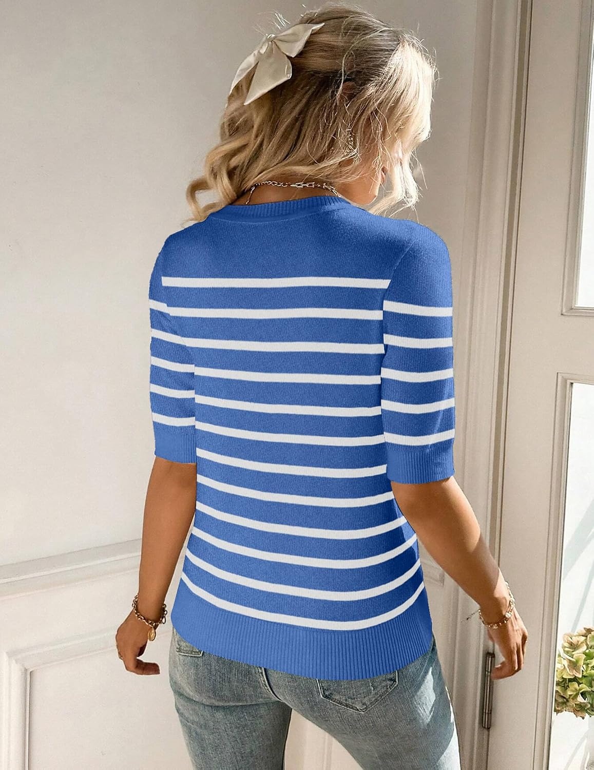 image:imageZeagoo Women Short Sleeve Sweater Summer Crew Neck Dressy Casual TopsBluewhite