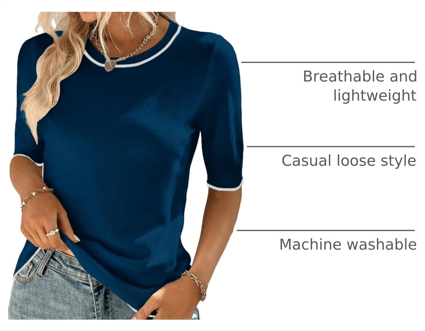 image:imageZeagoo Women Short Sleeve Sweater Summer Crew Neck Dressy Casual TopsDark Blue