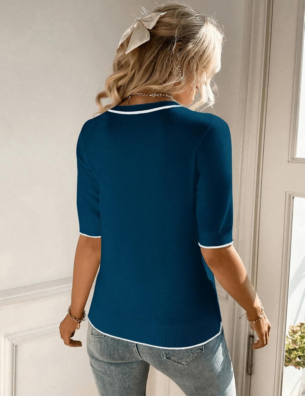 image:imageZeagoo Women Short Sleeve Sweater Summer Crew Neck Dressy Casual TopsDark Blue