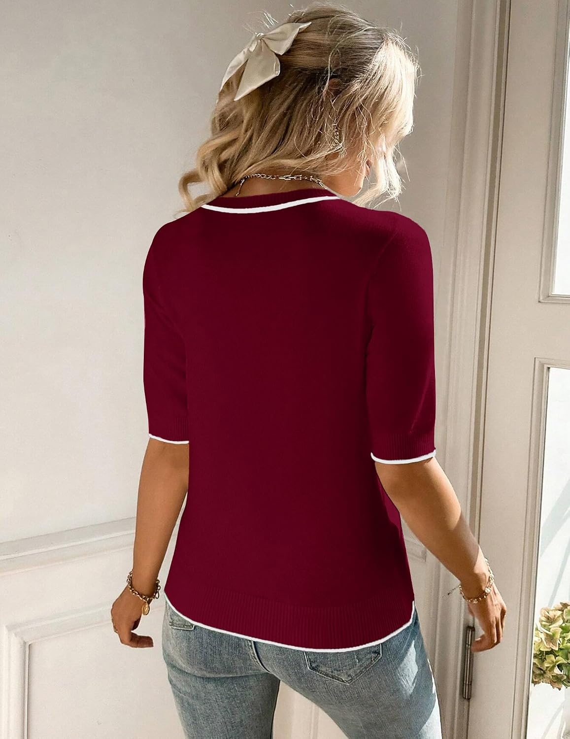 image:imageZeagoo Women Short Sleeve Sweater Summer Crew Neck Dressy Casual TopsDark Red