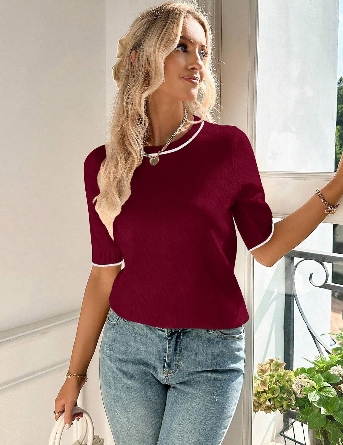 image:imageZeagoo Women Short Sleeve Sweater Summer Crew Neck Dressy Casual TopsDark Red