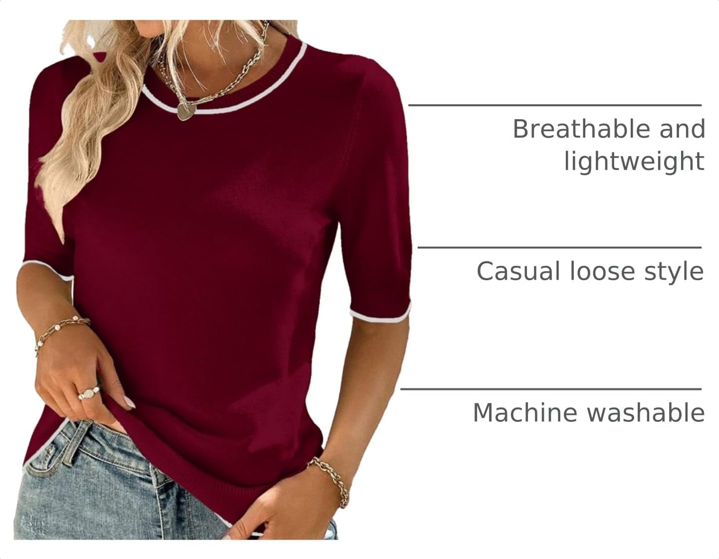 image:imageZeagoo Women Short Sleeve Sweater Summer Crew Neck Dressy Casual TopsDark Red