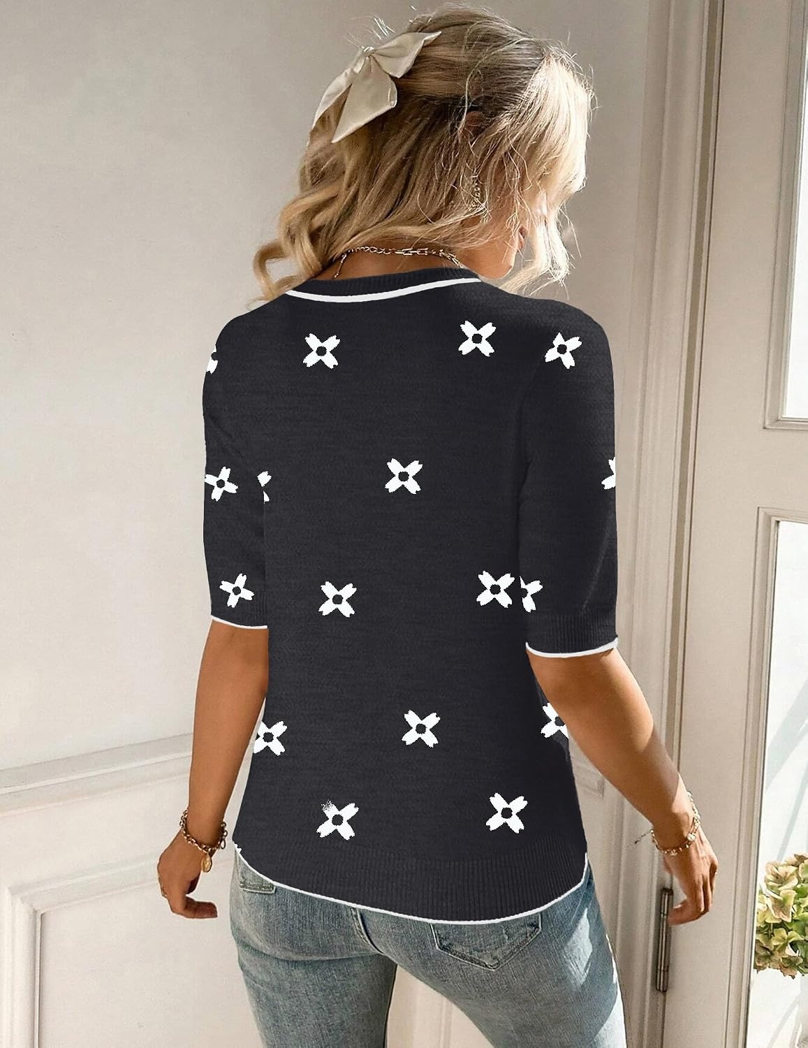 image:imageZeagoo Women Short Sleeve Sweater Summer Crew Neck Dressy Casual TopsFloral Jh454 Blackwhite